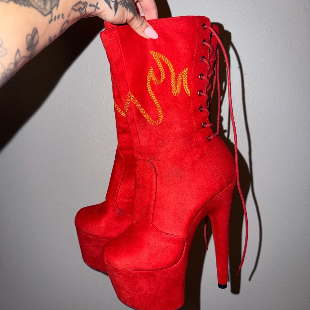 Red Lace-Up Platform Stiletto Boots with Flame Stitching